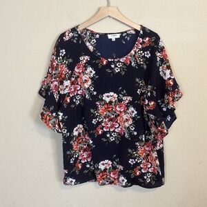 Umgee Floral Top M Tunic Flutter Short Sleeve Navy Roses Lightweight